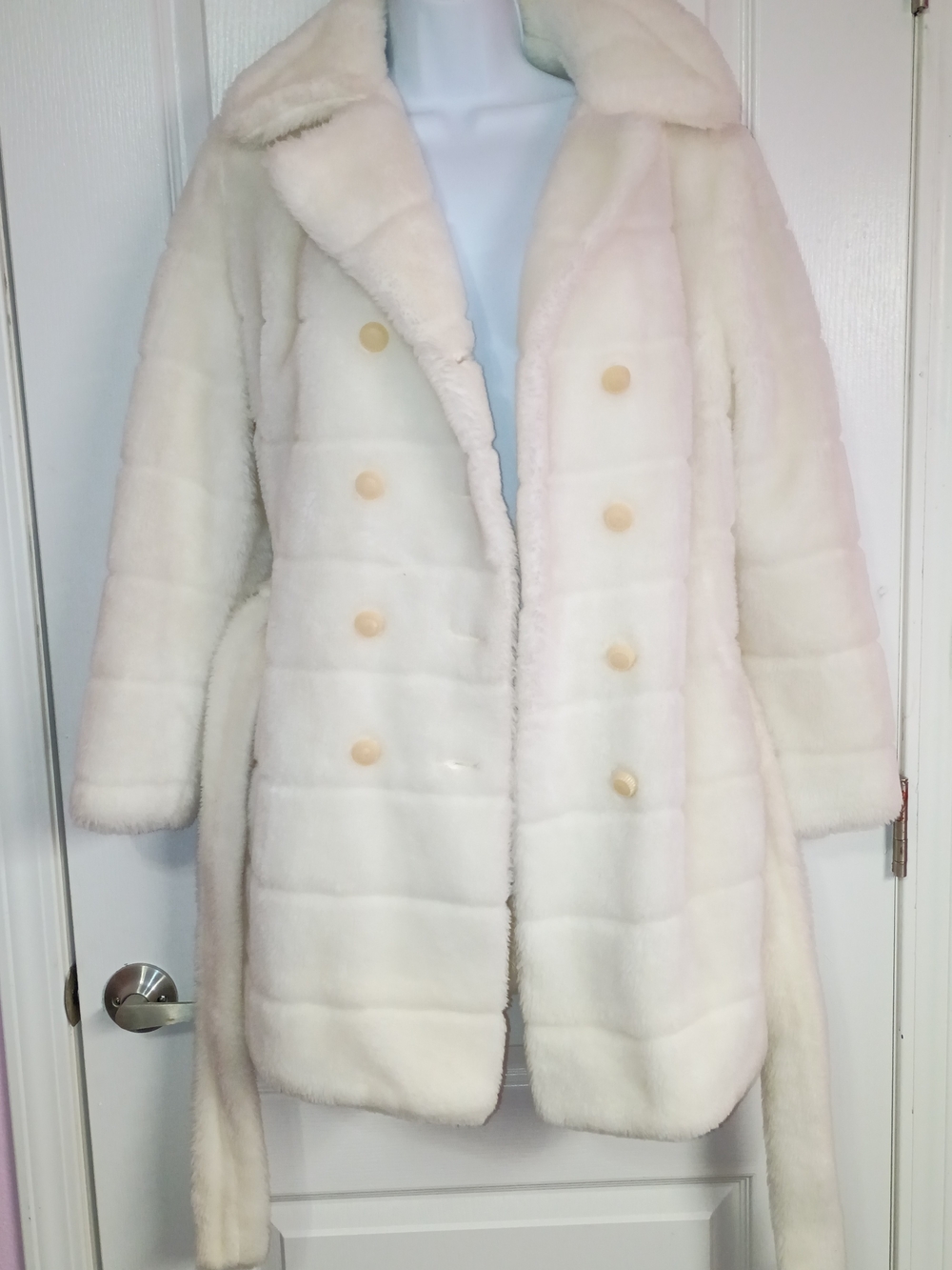 Union Tag Vintage Ivory Faux Fur Double-Breasted Trench Coat Workers Union Tag